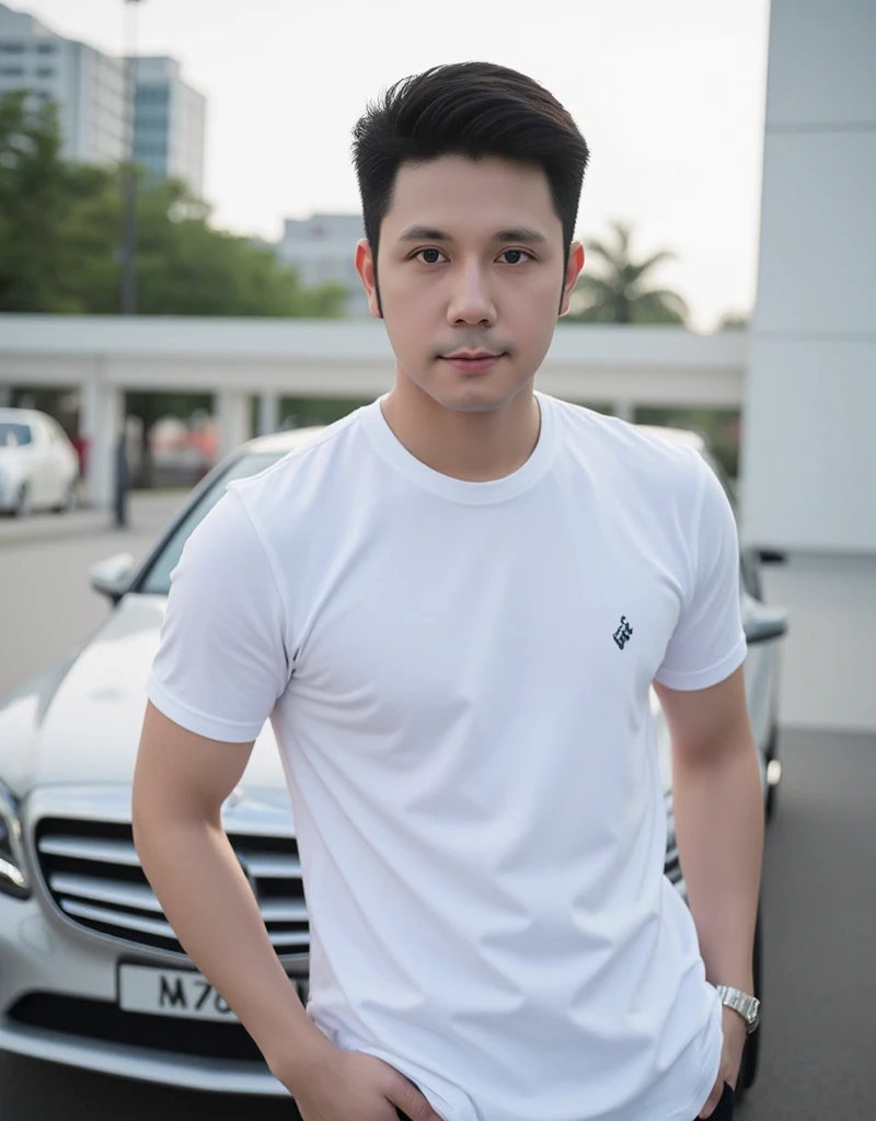 A young Thai man in his 40s with short hair sits by the swimming pool of a luxury hotel. Virtual image. Wear a black shirt
