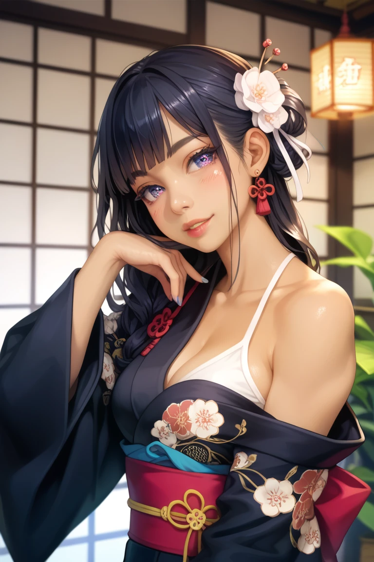 ((highest quality)), ((masterpiece)), (Very detailed), (Very high resolution), ((Realistic)), 8k, Perfect Line Drawing, Beautiful line art,
Anime 2D Rendering, (The best CG), Ultra-detailed art, 
One Girl:1.5, 

Symmetrical facial features:1.4, Perfect Face, Beautiful clavicle, Beautiful fingers, Beautiful breasts, (Slightly smaller chest), 
Beautiful body, Beautiful thighs, Beautiful feet, Perfect round butt, (Detailed skin), (Shiny skin:1.2, Tanned dark skin:1.4), 
BREAK Baby Face, cute, 18-year-old, 
Double eyelids, Natural eyebrows, 
(Expression of fine eyes, Beautiful and delicate eyes, twinkle in the eyes, blue eyes), 
Glossy mouth, 

Beautiful Hair, Shiny Hair, Hair fluttering, (Black Hair, Perm Hair:1.4), 
BREAK 

(kimono:1.2、Red Kimono、Black geometric pattern kimono:1.4)、Earrings、
BREAK 

(Enchanting、Embarrassed expression、Laughing expression), Turn your face and body towards me