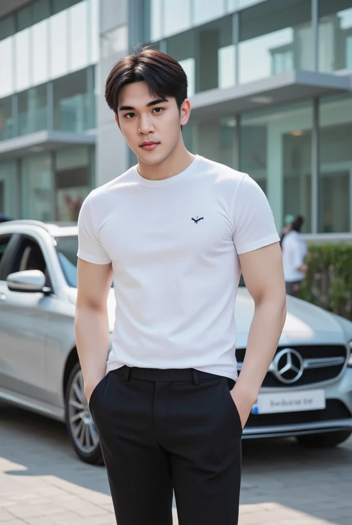 A handsome, muscular young Asian man looks at the camera. In a simple polo shirt black and yellow , car sunlight,