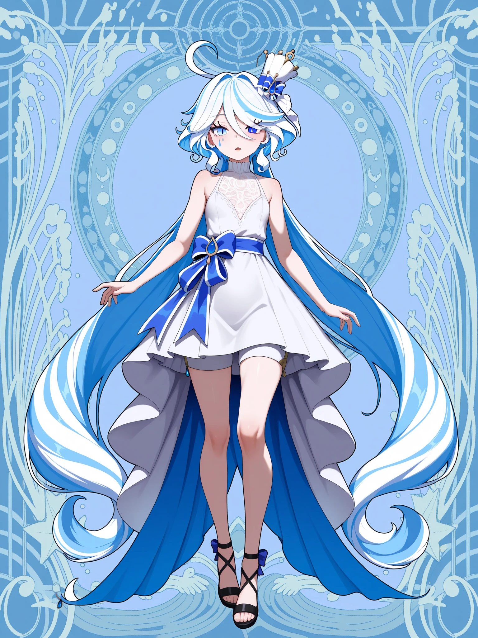 beautiful detailed glow, Floating ice crystals, (ultra-detailed:1.2100000000000002), (illustration:1.2100000000000002), soloï¼girlï¼Dark skinï¼black eyesï¼white hairï¼disheveled hairï¼Loose hairï¼White glossy loose long hairï¼White off shoulder dressï¼barefootï¼, heterochromia, long hair, no genitals, blue pupils, holding crystal, blue dress, hair between eyes, holding, dress, personification, orange eyes, bare shoulders, androgynous, ice, long sleeves, looking back, grey skin, ringed eyes, blue eyes, simple background, standing, blush stickers, low-tied sidelocks, :d, absurdly long hair, crystal hair, blue hair, white eyes, skin fang, full body, very long hair, colored skin, smile, chibi, monster girl, from behind, twitter username, looking at viewer, open mouth, fang, looking to the side, aqua background, floating hair, 
score_9, score_8_up, score_7_up, score_6_up, (masterpiece:1.2100000000000002), (best quality:1.3310000000000004)
 <lora:yoneyamaiXL_P6_lokr_V4236:0.95>