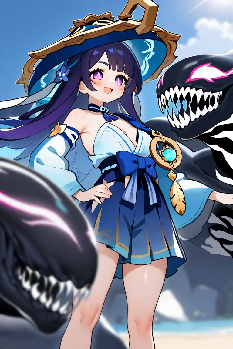 A girl who fuses with a shark. she is a beautiful girl. She is a kaiju element. Her hands become weapons. armored body.