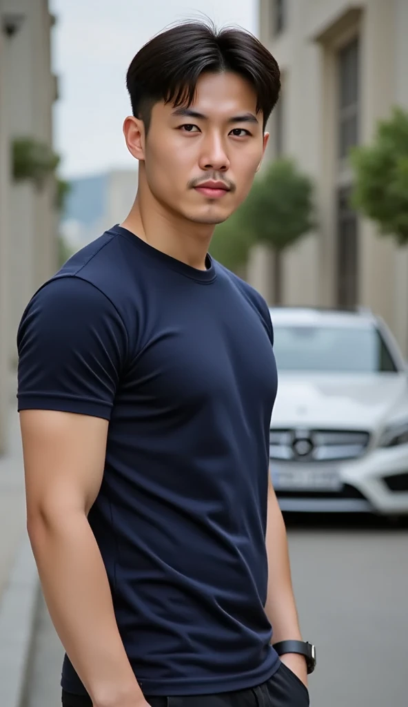 Masterpiece, best quality, high resolution, realistic, handsome, Take beautiful photos, Sayk, NRF, Photo of the 35 year old gym association (The man has a thin mustache.:1.2) Portrait, standing in the garden , make military media, weight, Amazing , Buzzcut short hair,stubble head , (Hyper Muscle),looking at the audience, Flirt with the camera, charming, (Tight navy blue workout shirt. ),(GS-Male:1), 8K,Bokeh,Portrait,look at the viewer,