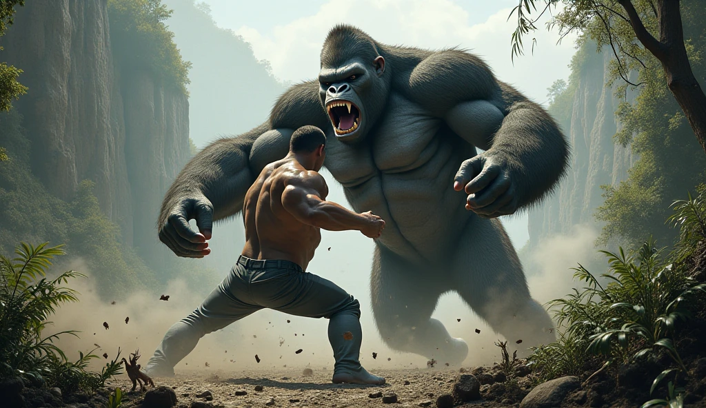 In an action-packed scene, the muscular bodybuilder realistic car face daddy , furious and determined, catches up to the gorilla. He confronts the gorilla with an angry expression, shouting as he delivers a powerful kick to the gorilla's face. The fight is intense, with both figures showing their strength. Pictures look like original and not blurred and not write anything and 4k results.