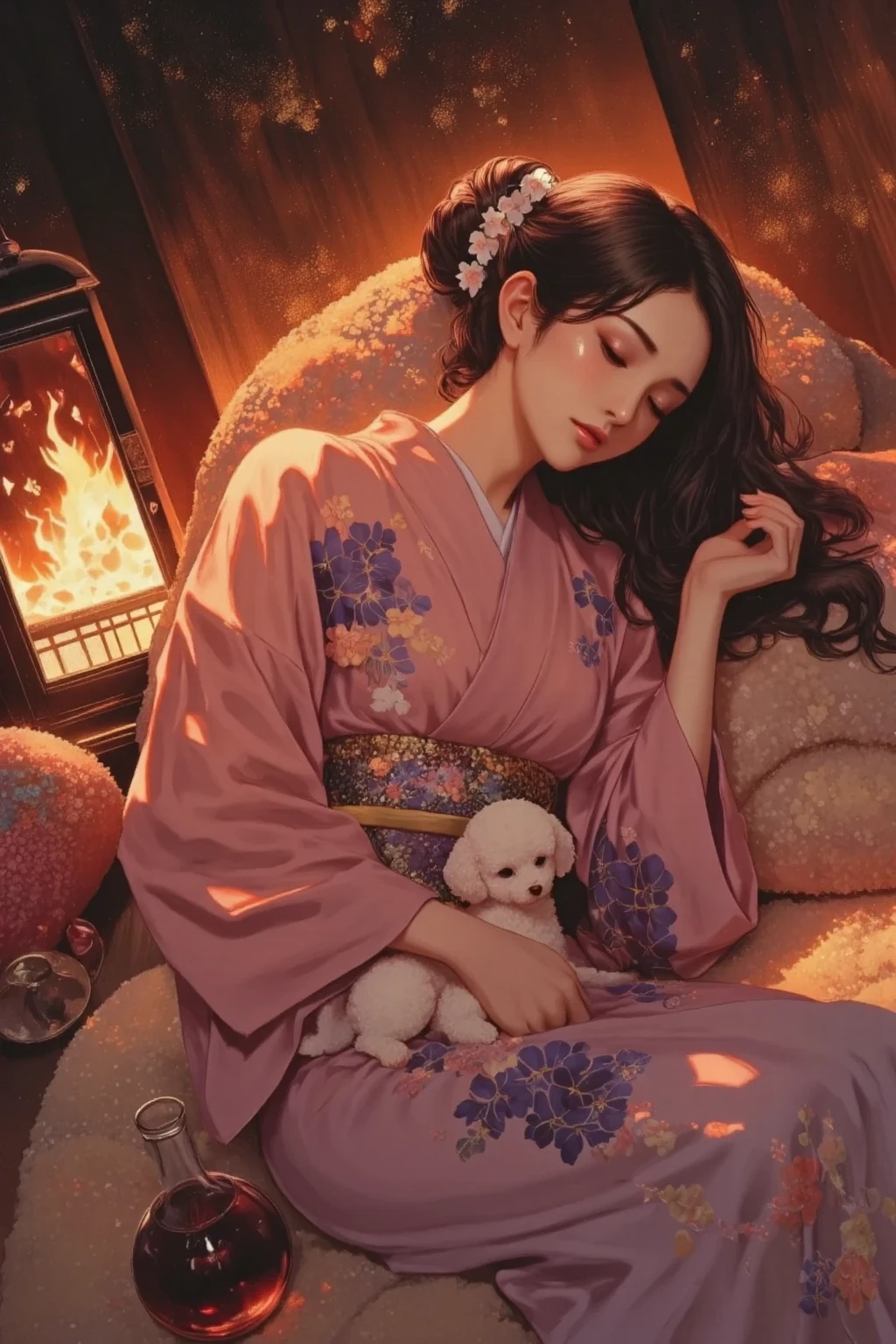 Illustration of a woman in a kimono and a toy poodle lying down in front of a warm fireplace、Sleep snuggle 、anatomically correct、dark eyes、black hair、long hair、wave hair、VERY DETAILED、peaceful、gentle atmosphere、fluffy、 twinkle、bokeh、Highest quality、best quality、masterpiece:1.4、high definition、absurd、DR34ML4ND's