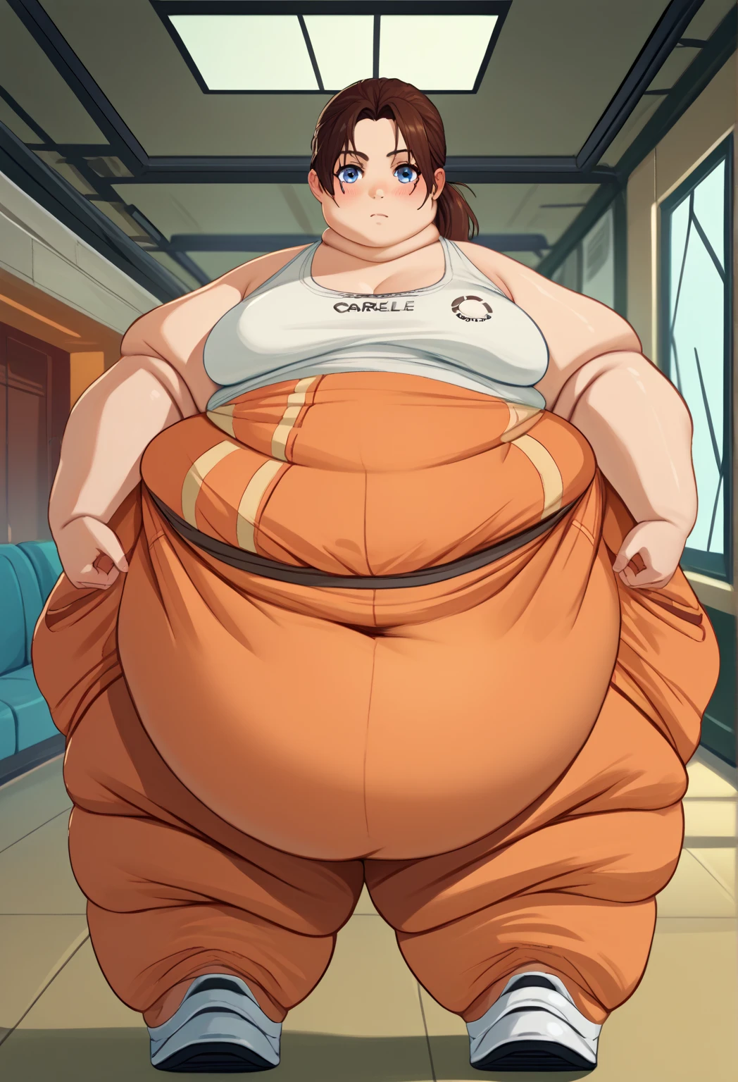 ((Dinosaur)), ((sauropod girl)), ((incredibly tall)), ((very long neck)), ((ssbbw)), ((anthro)), ((shorts)), ((black hair)), ((white tank top)), ((long black hair)), ((obese)), ((morbidly obese)), ((scalie)), ((dressing room))