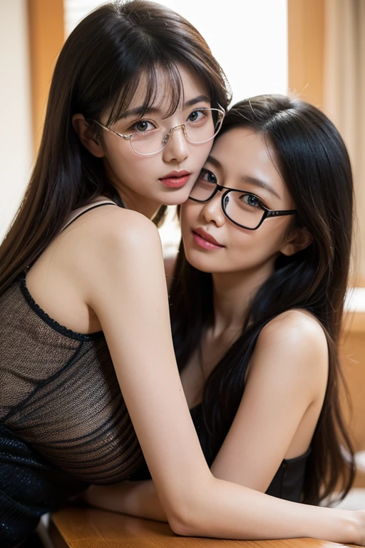 White girls with glasses and shoulder-length black hair, naked, on the street, kissing her on the neck