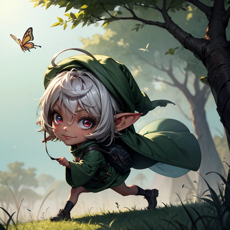 side view, a greenish skinned goblin child girl, wearing a brown outfit, running through the forest after a rabbit, running.