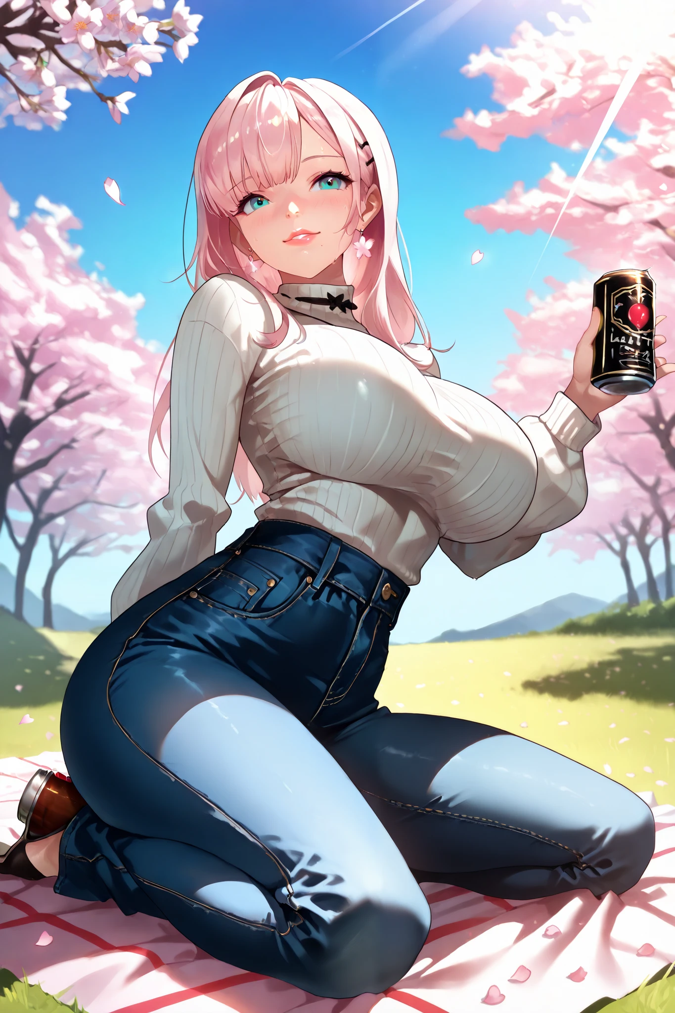 (mesugaki:1.3),(1girl, solo, extreme proportions, (huge breasts:1.2), (arched back:1.2), (sweat:1.1), full body, (thin fingers:1.1)),
((model-thin proportion:1.3)), (ethereally slender:1.3), (paper-thin waist:1.4), (bony:1.2), (protruding ribs:1.2), (protruding collar bones:1.2), (underweight:1.3), (narrow waist:1.4),
(under a cherry blossom tree:1.3), (hanami:1.3), (falling petals:1.2), (sitting on a picnic sheet:1.3), (holding a can of alcohol:1.3), (drinking from a can:1.2), (relaxed pose:1.2),
((tight white sweater:1.4), (long sweater:1.3), (fully covered torso:1.3)),
((jeans:1.3), (snug fit:1.2), (casual outfit:1.2)),
(clear blue sky:1.3), (sunny day:1.3), (bright sunlight:1.2),
((detailed eyes:1.3), shiny eyes, long eyelashes, fluttering lashes),
((detailed face:1.3), youthful beauty, sweet expression),
((detailed lips:1.3), glossy lips),
((detailed skin:1.3), flawless skin, soft glow skin),
(((masterpiece))), (((hyper-realistic))), ((ultra-detailed)), ((high-resolution)), ((sharp focus)), ((dynamic lighting)), ((depth of field)), ((rich textures)),
((vibrant tones)), (deep shadows:1.2), (luminous highlights:1.2), (neon glow:1.1),
((soft glow)), ((natural light)), ((cinematic lighting)), ((high contrast)), ((illuminated))
