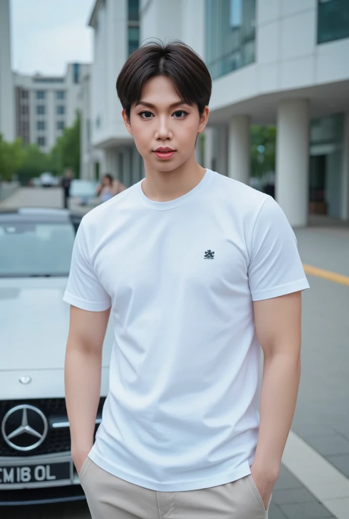 A young man in a yellow shirt stood on the side of the road with a serious expression., looking into the distance，Eyebrows frowned.，He looked worried.，Turn your head slightly.，Cloudy day, coffee shop