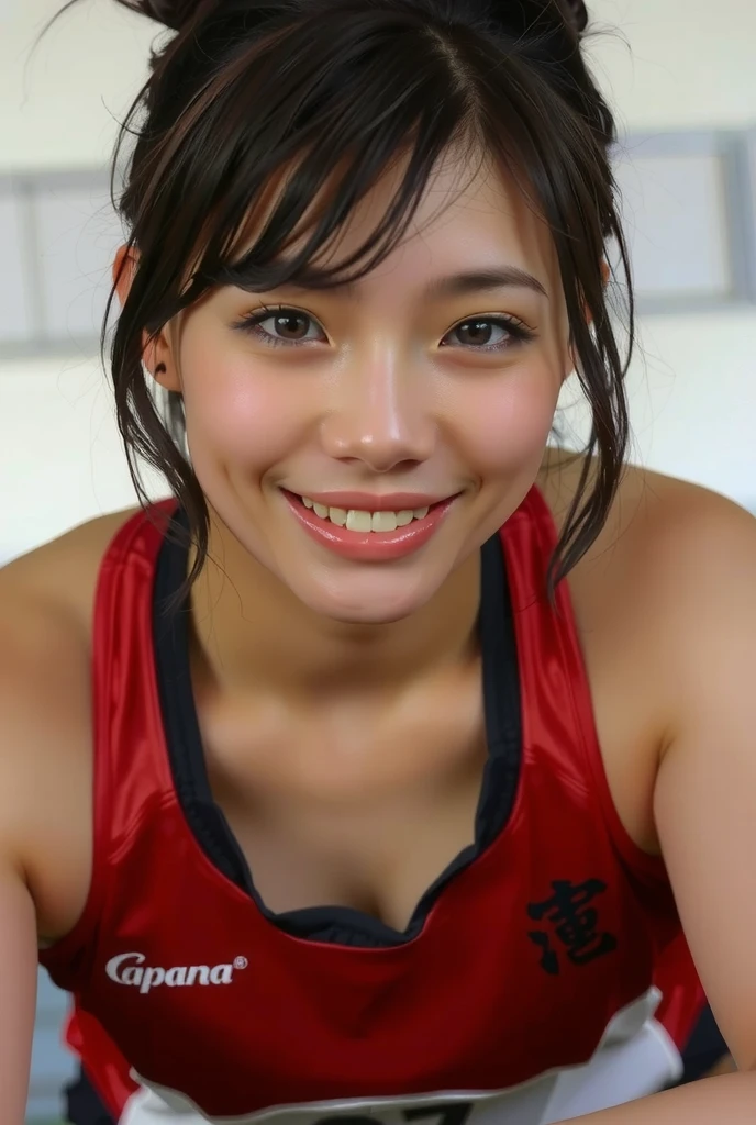 hina kikuchi, Sweaty,Wet big, Laughing with tongue out, smile, A female adventurer wearing red, sturdy shorts, 15-year-old girl, A room in a rural inn, Black Bob Hair, Show off your ass here