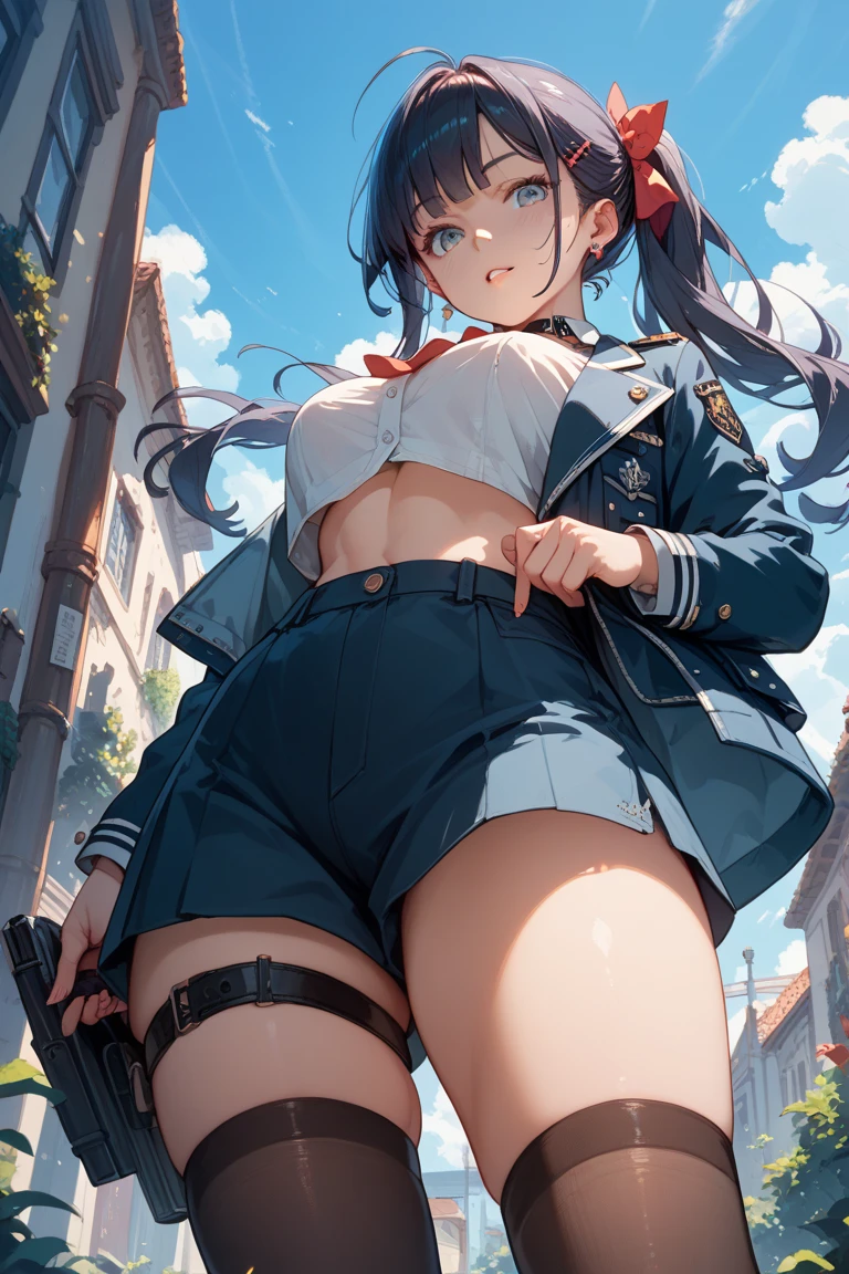 {(masterpiece,best quality, 8K UHD, extremely detailed CG, detailed beautiful face and eyes and skin and hair), (ultra detailed face)}, {(ultra realistic photo graphic style:1.4)}, {(1girl free_fall from 10000m above the ground:1.2), (out of focus background:1.4)}, {1girl, 18yo, (beasts_ears),medium hair, Ponytail hair with braids, forehead}, {(strike witches:1.4),(military shoes:1.2), (thigh-high socks),(navel:1.2)}, {(cheerful:1.3), (candid shot),(glowing eyes)}, {(bring knees forward:1.1), (inner thighs showing pose:1.2)}, {(VENICE city:1.2)}
