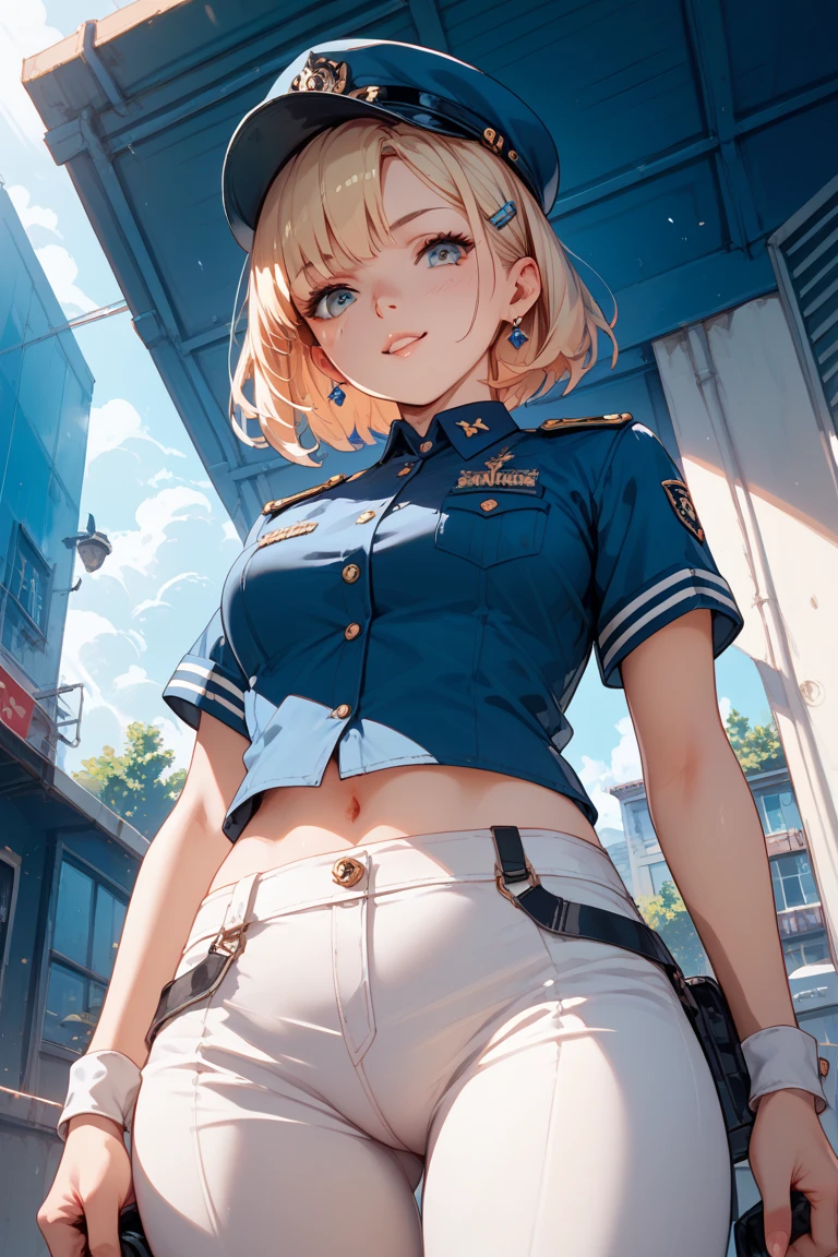 (One Woman), (Woman in uniform:1.5),(mini skirt:1.5),(((Skirt flip:1.5))),(stand with feet apart:1.2),((Little white panties:1,5)),(Camel Toe:1.5),(Moriman:1.5),(Blonde Short Hair),(front:1.5),(From below),(Beautifully detailed eyes),(Beautifully detailed face),smile,(Very detailedな顔:1.5),((Very detailed hand drawing:1.5)), ((Thick thighs:1.5)),(Beautiful body:1.5), (Wall thickness:1.5),(Clear blue sky in the background:1.5), (Gentle light:1.5),(Written boundary depth:1.5),break、(Very detailed:1.5), (Realistic:1.5)))), 8k,wallpaper, wallpaper, masterpiece, 最high quality, high quality, High resolution、