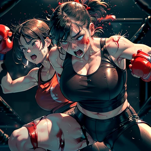 two bloody japanese girl fighters are fighting so hard in the octagon ring. The girls thrust their fists toward their opponents. they are attacking opponent's face each other by dynamic punch. they have no energy. they have short-cut black hair, shortness of breath, drool from her mouth, closed eye, exhaustion, and sweat soaked. open finger grobe. Muscularity. Six pack abs. Erect nipples. they are naked.