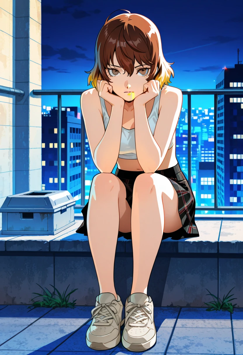 anime brown hair girl with pink shirt and blue short jeans look away while sitting on a rooftop in a city at night, girl fanart, girl sitting on a rooftop, sits on a rooftop, in a rooftop, on rooftop tokyo night, set in tokyo rooftop, sitting on a skyscraper rooftop,
