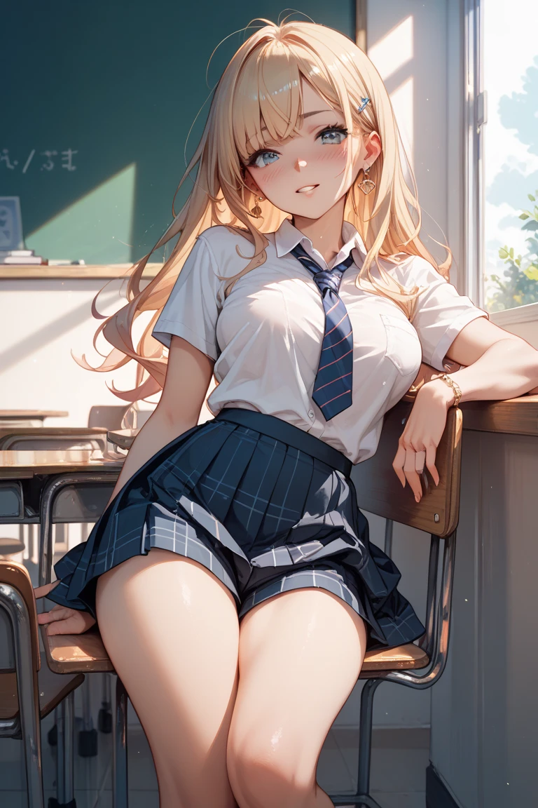 (8K、Highest quality、highest quality、masterpiece)、Detailed face、One girl、 Blonde、Wavy Hair、Grey Eyes、Earrings、Pink Lips、evil smile、Moderate chest、((White collared shirt))、A bow tie、((Black pleated skirt))、white socks、loafers、Sit on a chair、crossed legs、Classroom Background
