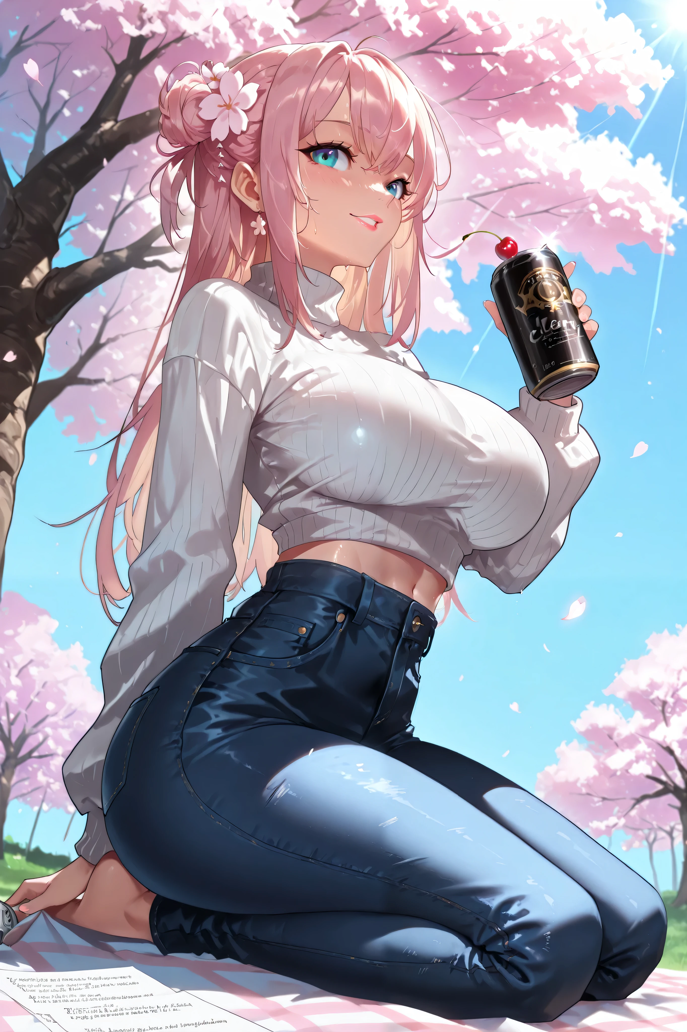 (mesugaki:1.3),(1girl, solo, extreme proportions, (huge breasts:1.2), (arched back:1.2), (sweat:1.1), full body, (thin fingers:1.1)),
((model-thin proportion:1.3)), (ethereally slender:1.3), (paper-thin waist:1.4), (bony:1.2), (protruding ribs:1.2), (protruding collar bones:1.2), (underweight:1.3), (narrow waist:1.4),
(under a cherry blossom tree:1.3), (hanami:1.3), (falling petals:1.2), (sitting on a picnic sheet:1.3), (holding a can of alcohol:1.3), (drinking from a can:1.2), (relaxed pose:1.2),
((tight white sweater:1.4), (long sweater:1.3), (fully covered torso:1.3)),
((jeans:1.3), (snug fit:1.2), (casual outfit:1.2)),
(clear blue sky:1.3), (sunny day:1.3), (bright sunlight:1.2),
((detailed eyes:1.3), shiny eyes, long eyelashes, fluttering lashes),
((detailed face:1.3), youthful beauty, sweet expression),
((detailed lips:1.3), glossy lips),
((detailed skin:1.3), flawless skin, soft glow skin),
(((masterpiece))), (((hyper-realistic))), ((ultra-detailed)), ((high-resolution)), ((sharp focus)), ((dynamic lighting)), ((depth of field)), ((rich textures)),
((vibrant tones)), (deep shadows:1.2), (luminous highlights:1.2), (neon glow:1.1),
((soft glow)), ((natural light)), ((cinematic lighting)), ((high contrast)), ((illuminated))