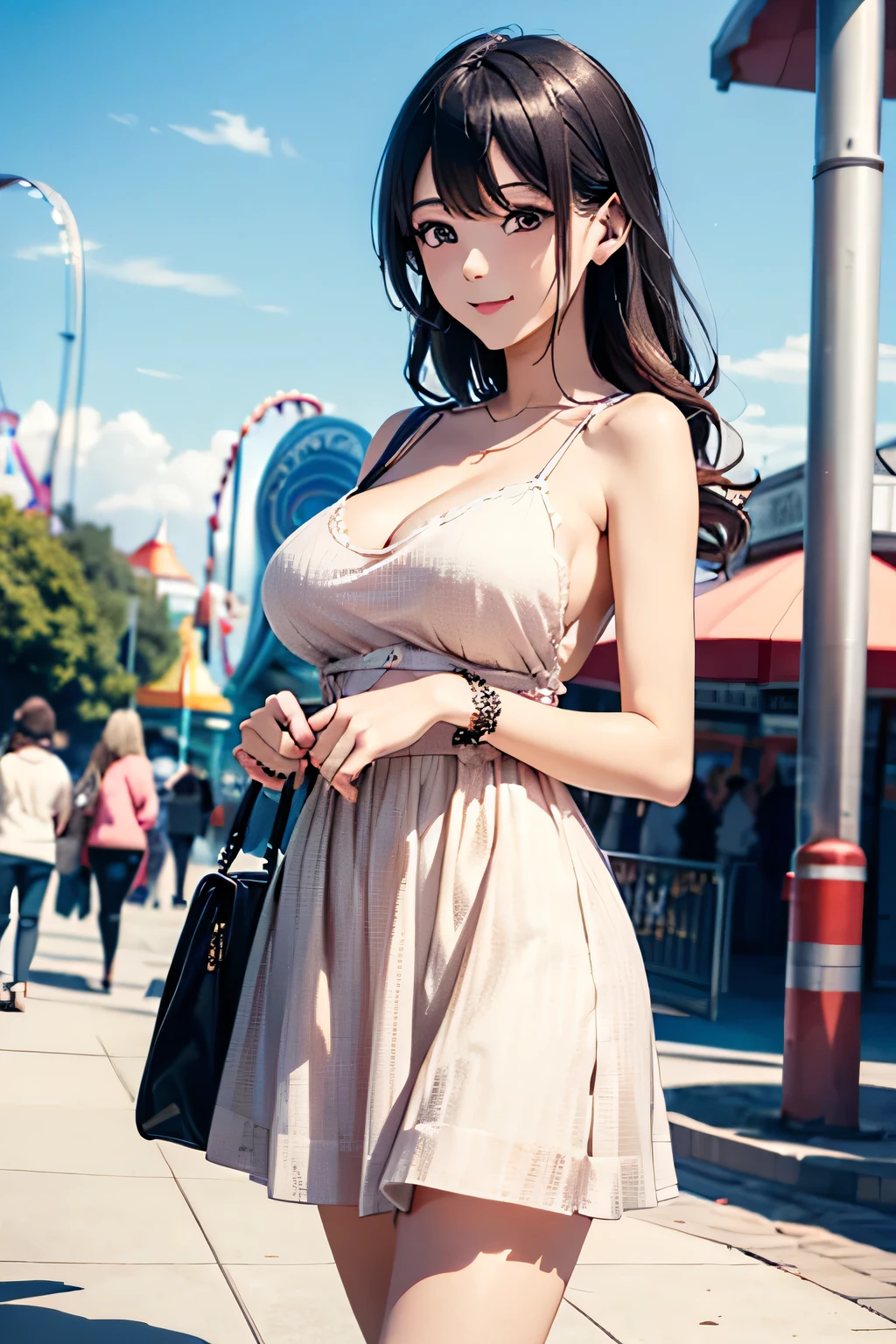(((masterpiece,best quality,Extremely detailed,high resolution))),(daytime,it's clear,bloom),From the back,Viewers,((Cowboy shooting)),((Solitary)),(Beautiful woman),ager,(Black Hair,Medium Length Hair,Straight Hair),(Beautiful and delicate face,Beautiful and delicate eyes,White skin),A faint smile,(one-piece swimsuit,Navy swimsuit),(Medium breasts,Medium hips),In the pool,