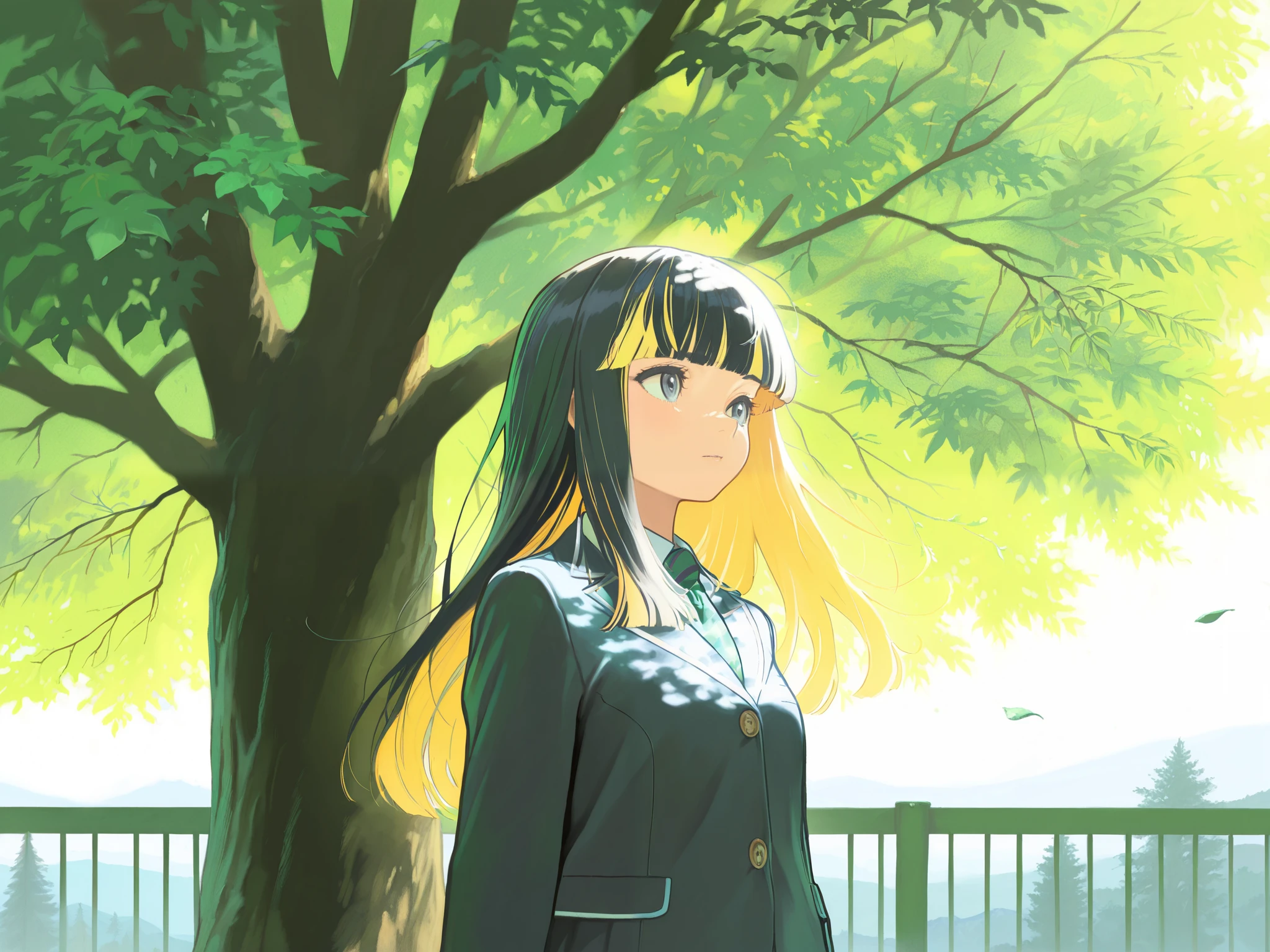 HDR, 8K, high contrast, masterpiece, best quality, amazing quality, very aesthetic, painting artstyle, realistic, newest, hyperdetailed painting, brushstrokes, digital painting, by kohei horikoshi
BREAK
bounce light, hyperdetailed, detailed hair strands, detailed fibers, aesthetic, 8k wallpaper, detailed, masterpiece, best quality, amazing quality, very aesthetic, absurdres, 8K,masterpiece, great colors, color theory, great lighting, great composition, flawless. 1girl, Hime cut, black hair bleached blonde, grey eyes, school outfit, looking to side, leaves in the wind, sharp sunlight, windy, tree shade, railing, japanese road background.