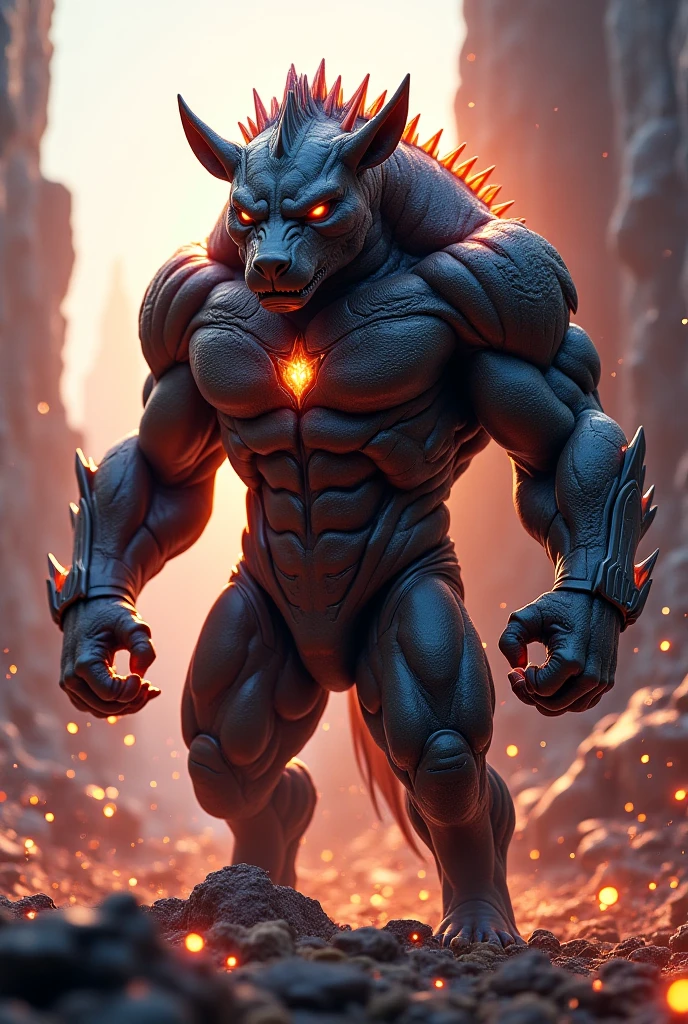 buffalo male character with glassy cyborg costume standing between sky scrappers in beach with amazing sunshine at sunrise