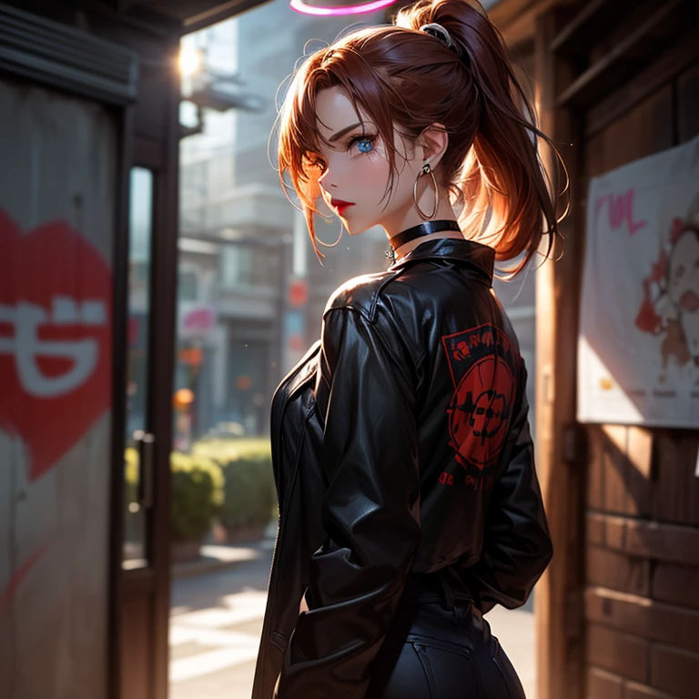1girl,makima \(chainsaw man\), chainsaw man,super detailed skin,shiny skin,oily skin,natural face ,eyelashes,lips gloss,red hair,sidelocks,a braid, large breasts ,look back,bodysuit,from behind ,cityscape ,masterpiece,best quality,ultra detailed,high resolution,sharp focus
