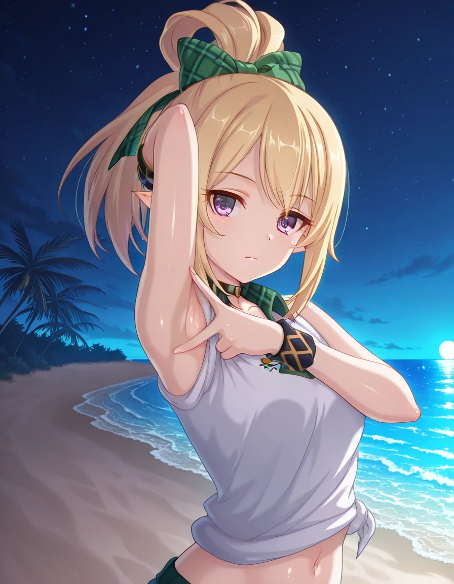 chloefesPCR, long hair, blonde hair, navel, bare shoulders, purple eyes, collarbone, white shirt, ponytail, hair bow, sleeveless, pointy ears, collared shirt, plaid, sleeveless shirt, black choker, high ponytail, wristband, green bow, sleeves rolled up, gym uniform, anime screencap, shiny skin, high quality, solo, night sky, beach, v, spread armpit, presenting armpit, ((contrapposto)), closed mouth, upper body, looking at viewer, expressionless, best quality