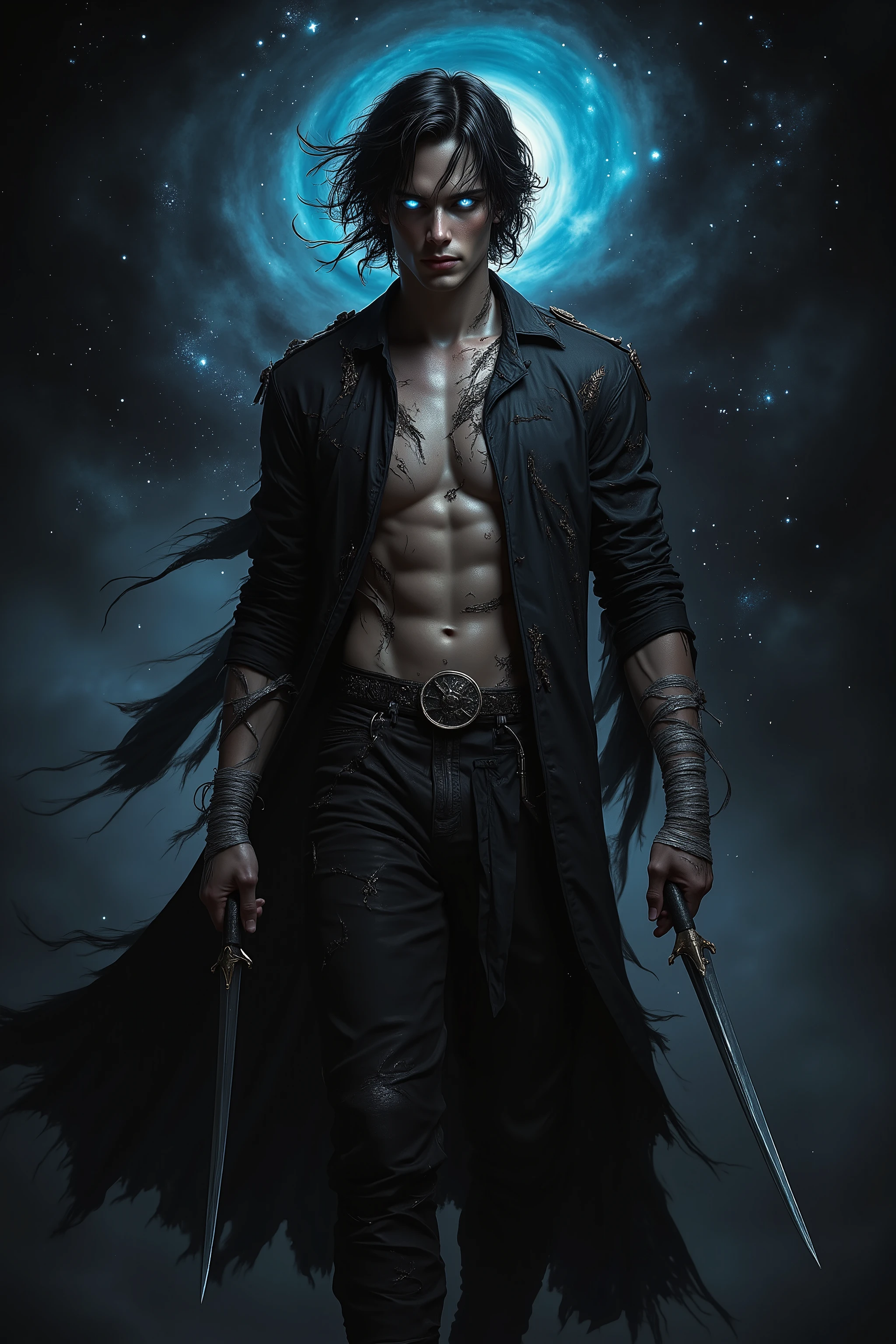 A man with black hair and glowing blue eyes, holding two daggers, emerges from the shadows. His clothes are completely torn apart, and his hands are wrapped in bandages. Behind him stretches a misty nebula, draped in black and cosmic colors.