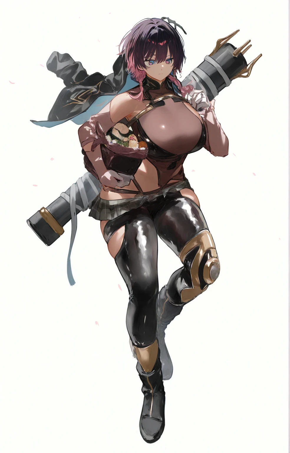 helga, dark-skinned female, short hair, silver hair, horns, red eyes, , huge breasts, no wings, muscular female, thick thighs, thick arms, tomboy,full body tatto,, no tail,fertility tatto, breeding tatto,smug, holding axe, reflection light, blending, bloom, god rays, ray tracing, Fujicolor, drop shadow, Gothic art, anime, Ghibli-like colours, anime style, UHD, retina, masterpiece, ccurate, anatomically correct, textured skin, super detail, high details, high quality, award winning, best quality, highres, 1080P, HD, 4K, 8k, 16k,refsheet, pullover, pants,