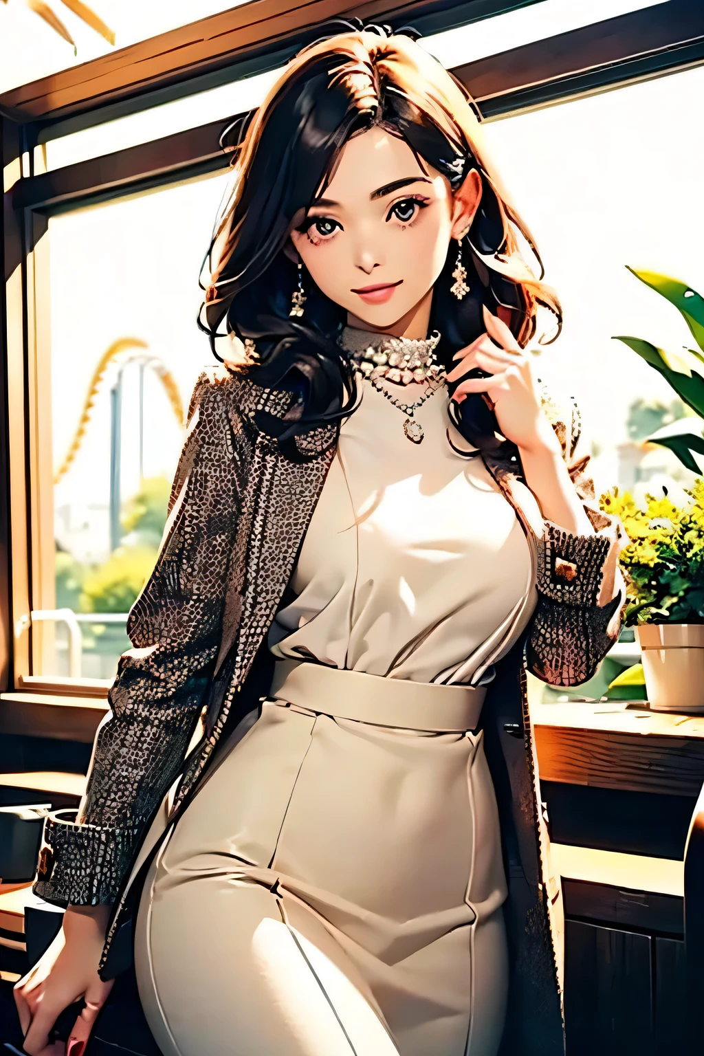 masterpiece、Top image quality、1人の女性、Beautiful woman sitting on the stairs、legs slightly open、Hands between the legs、blazers、The shirt、flered skirt、Detailed facial expressions、Detailed eye、Detailed nose、Detailed lips、hugetits、Female proportions considered everywhere、Skyscraper District、Sunset between buildings、Large circular earrings、beauty legs