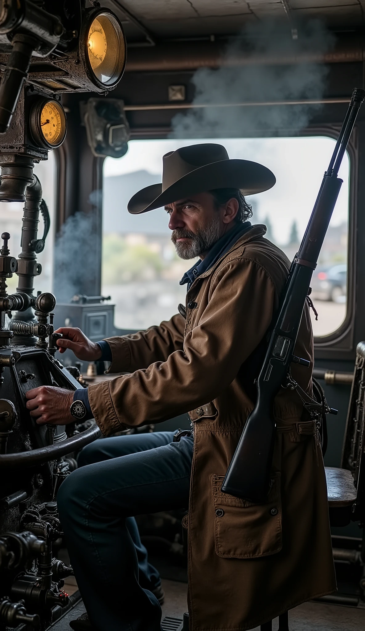 Inside a cabin of a steam train, the steam train driver of the train is a cowboy with a winchester rifle on his back. Lots of levers, steam clocks.