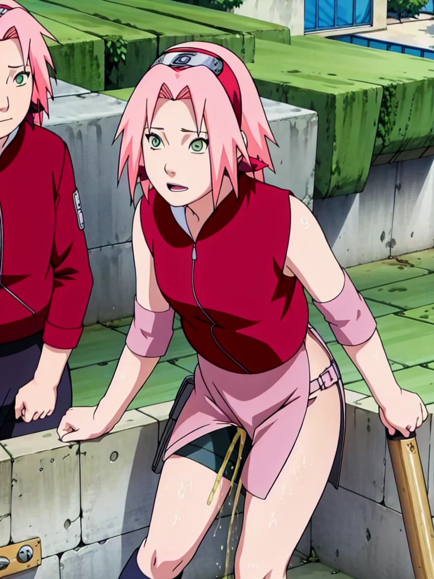 full body, ((pussy, bottomless, naked)). High quality, ultra detailed, realistic artwork of a "Sakura Shippuden" scene with vivid colors, perfect for 4K or 8K resolutions. The scene depicts Sakura Haruno., a young woman, She is naked. Her leg is bandaged, indicating a recent injury. sitting, spread legs, ((naked)), wide open legs, pussy focus