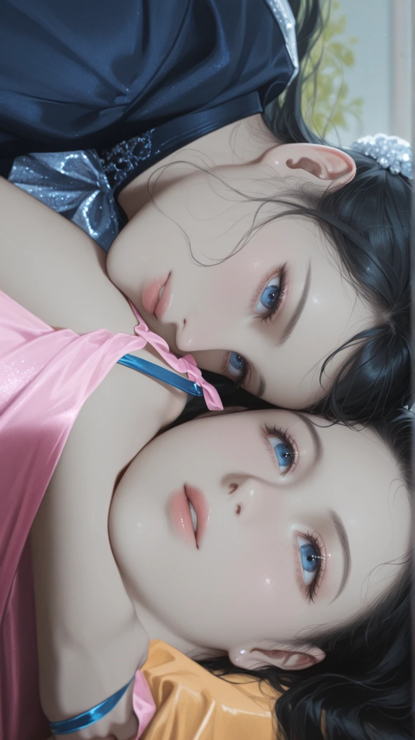 A realistic rendering of an Anne Anderson style illustration of a very close, ultra close shot on the breasts of three girls, 3 pert, nubile, thin, freckled, teen girls with 50s style, very short, extremely short, blue hair, pigtails on the sides of head, sparkling, iridescent, pastel bows in hair,topless, tiny breasts, bare breasts, exposed breasts, small breasts, little breasts, exposed crotch ,pink nipples , puffy nipples , exposed nipples , slight smile, open mouth, wearing pastel colored body harnesses, with wide lace straps, schoolgirl uniforms, iridescent sparkles on chest, iridescent glitter on breasts, white cuffs, white collar, hip straps, iridescent sparkles on breasts, reclining on a bed in a pink, 1950s teen girl's bedroom, ultra close shot on breasts