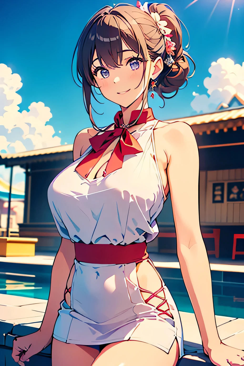 Solo, Makoto_Niijima (da persona 5, 1female, white skin, Japanese, red eyes, short brown hair, braid like a hairbow on top of hair, small boobs) running in the docks at night, sexy one-piece high school uniform. (finely detailed), anime, best shadows, depth of field, (masterpiece), (best quality), 4K, high detail, anatomically correct