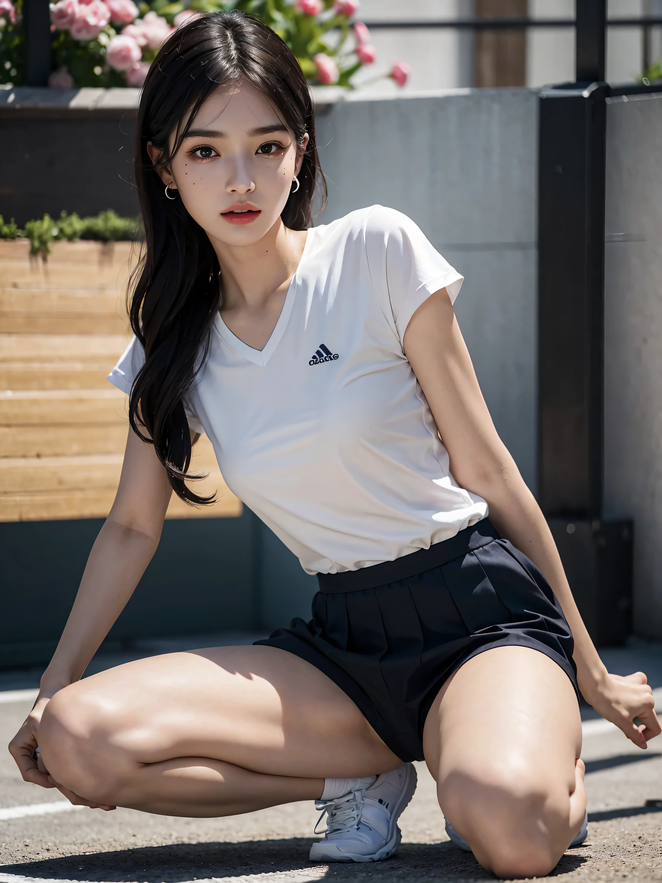 1 girl, solo, white polo shirt, white sneakers, pink tennis wear: 1.3, white mini skirt, masterpiece, top quality, realistic, hyper detail, (glossy skin, sweaty: 1.4), absurdity, camera gaze, short black hair, brown eyes, slender, dynamic lighting, high resolution, sharp focus, depth of field, detailed eyes, sharp eyes, realistic eyes, (big: 1.2), (Thick Thighs: 1.0), Outdoor, Sky, Korean Idol, Nogizaka Idol, Gravure Idol, Actress,