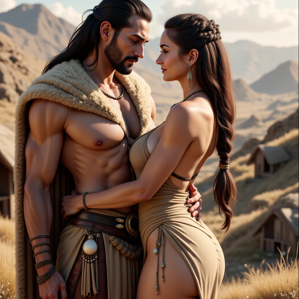 A couple standing in the forest, Man- Henry Cavill, handsome, tall, long hair, long straight nose, robust, shirtless, wearing a white dhoti, ((bow in hand:1.2)), woman- Barbara Mori, young, beautiful, large breasts, wearing a white strapless bra and a sarong, flowers in her hair smiling, upper body, closeup