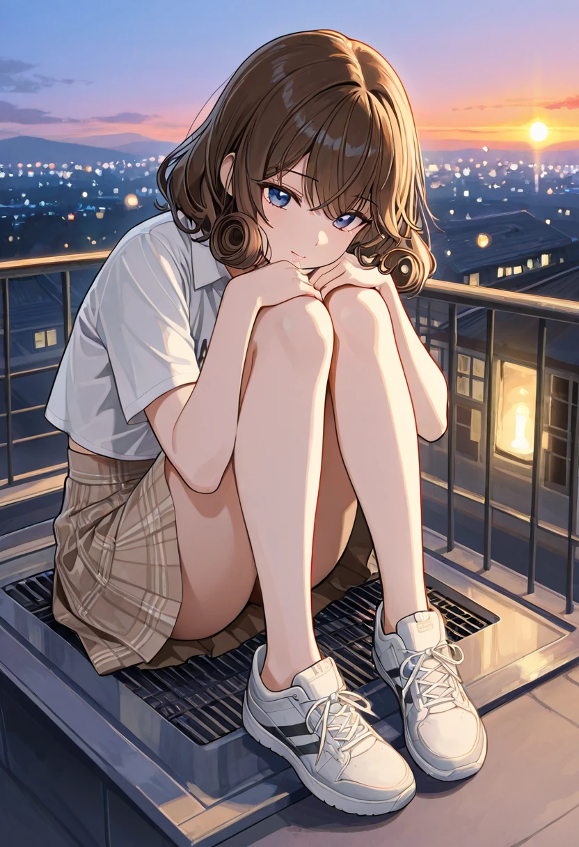 a masterpiece of、Top image quality、1girl、Beautiful woman sitting on the stairs、legs slightly open、Detailed facial expressions、Detailed eye、Detailed nose、Detailed lips、hugetits、Female proportions considered everywhere、Skyscraper District、Sunset between buildings、emphasis on beautiful legs、from side, (make her yukino yukinoshita:1.5)