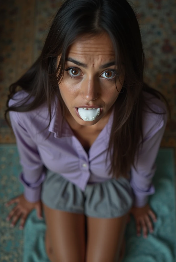 ((best quality)), ((masterpiece)), ((Perfect face)), ((8-year-old girl)), Big eyes. Full height. standing on my feet. Dressed in a white shirt, long black skirt with a large slit. sexy stockings on her legs. with black hair. face covered in cum and cum dripping from face.