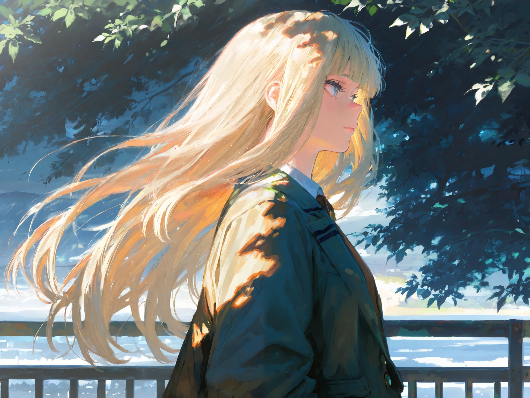 HDR, 8K, high contrast, masterpiece, best quality, amazing quality, very aesthetic, painting artstyle, realistic, newest, hyperdetailed painting, brushstrokes, digital painting, by kohei horikoshi, my hero academia art style
BREAK
bounce light, hyperdetailed, detailed hair strands, detailed fibers, aesthetic, 8k wallpaper, detailed, masterpiece, best quality, amazing quality, very aesthetic, absurdres, 8K,masterpiece, great colors, color theory, great lighting, great composition, flawless. 1girl, Hime cut, ombre black-blonde hair, grey eyes, school outfit, looking to side, leaves in the wind, sharp sunlight, windy, tree shade, railing, Japanese road background.