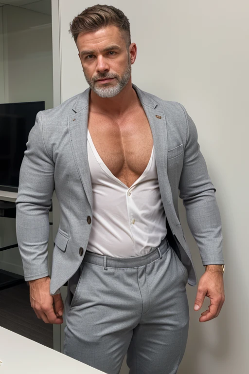 (best quality,4k,highres,masterpiece:1.2),ultra-detailed,closeup, Image is a street-style photograph featuring a close up portrait of a big huge beefy muscular mature old muscle man sitting on a circular bench surrounding a tree. The man has a light skin tone, a well-groomed white beard, and is wearing dark sunglasses. He is dressed in a tight white blazer over a partially unbuttoned tight black shirt, skin tight white ripped jeans, and black mid-calf ankle boots. The background shows an urban setting with arched doorways in the distance. The overall color palette is muted, with a focus on the man's stylish attire and confident pose