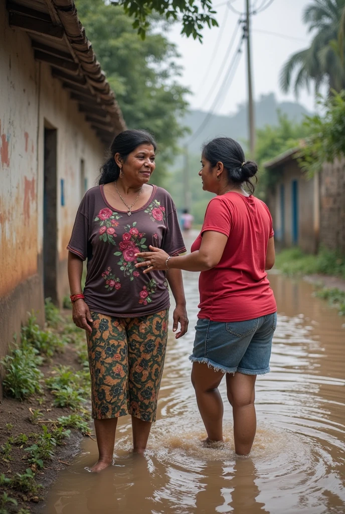 Photo of 50 year old Latina woman, with open eyes, not sexy in a dress, washing the sidewalk with a small jet hose and another lady next to her in a long dress with a disapproving expression on her face as she watches the act.