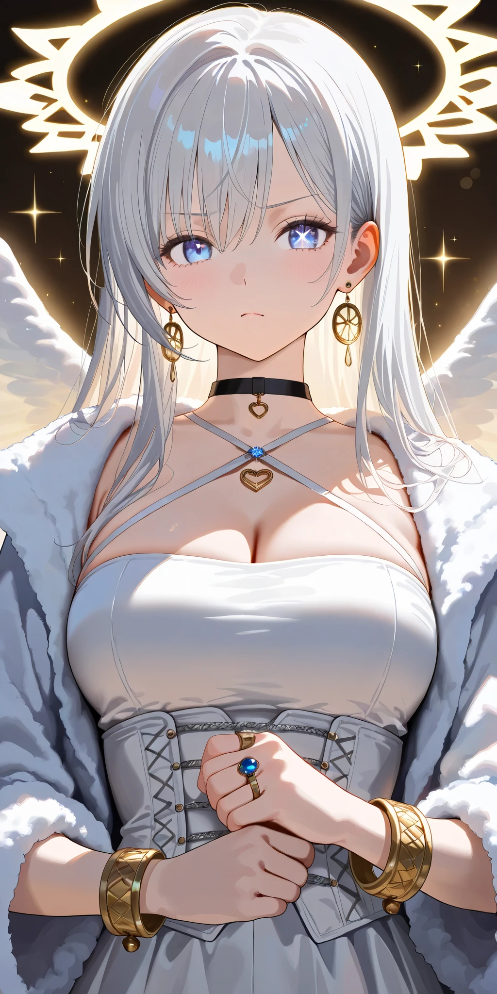 (High CT quality,4k,High resolution,mainpiece:1.2),Very detailed,Realistic:1.37,Best quality,masterpiece, high resolution,on_body, Tyndall effect,photorealistic, Edge lighting, Two-color lighting,(high definition skin:1.2), 8K UHD, DSLR quality, soft lighting, high quality, surround lighting, sincere, de 8K , 4K, 8K. The girl is an angel, she has white skin, long white hair combed to one side and part of her hair covers half of her face. She has white pearly eyes with starry sparkling star-like pupils. She is dressed in a white outfit: a silver corset, bell-bottomed trousers, a silver belt with pendants, and a white short furry fur coat. She has a lot of silver jewelry with large diamond earrings, pendants on a choker, a bracelet, and rings with diamonds. She has two huge mother-of-pearl angelic wings on her back and diamond halo above her head. She has a bored, skeptical gaze.