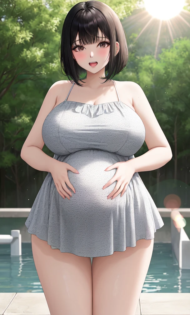 Ahri, big lips, bikini, bbw, Big round pregnant belly, obese, long black hair, onsen