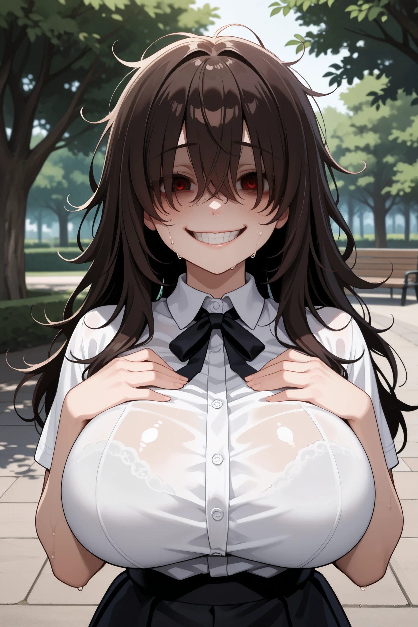 1girl, yandere, creepy smile, creepy grin, long hair, hair over eyes, messy hair, big breasts, sweating, outdoors, park, hands on chest