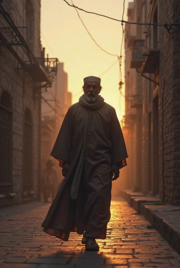 In a dark night A man wearing jubba and turban in dark sweet sodium light showing his backside, the background has a Turkey  mosque 