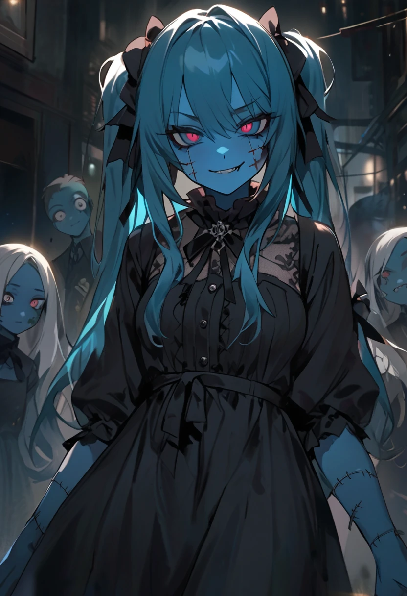 Working zombies。cute。In a dress。stitches on the face and limbs。blue skin。smirking。