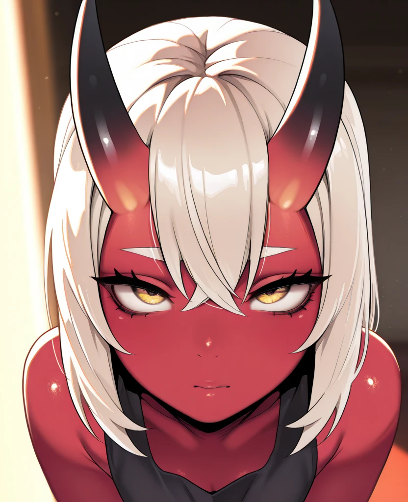 , score_9,score_8_up,score_7_up, kemono style, anthro Argonian female from skyrim, Anthro reptile girl, bald, snout, all red skin, red eyes, black lips, black horns, black ram horns, black lips, pov, pov cunnilingus, pov she is licking viewers vagina, human female viewer, simple grey background