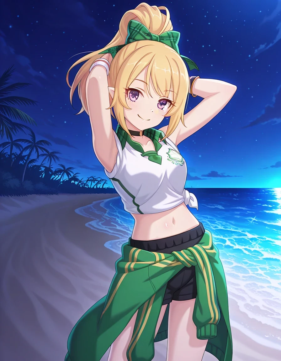 chloefesPCR, long hair, blonde hair, navel, bare shoulders, purple eyes, collarbone, jacket, white shirt, ponytail, hair bow, sleeveless, pointy ears, midriff, collared shirt, plaid, short shorts, sleeveless shirt, black choker, black shorts, high ponytail, wristband, green bow, sleeves rolled up, gym uniform, green jacket, tied shirt, clothes around waist, plaid bow, jacket around waist, anime screencap, shiny skin, high quality, solo, night sky, beach, arms behind head, hand on hip, ((contrapposto)), closed mouth, cowboy shot, looking at viewer, smile, best quality
