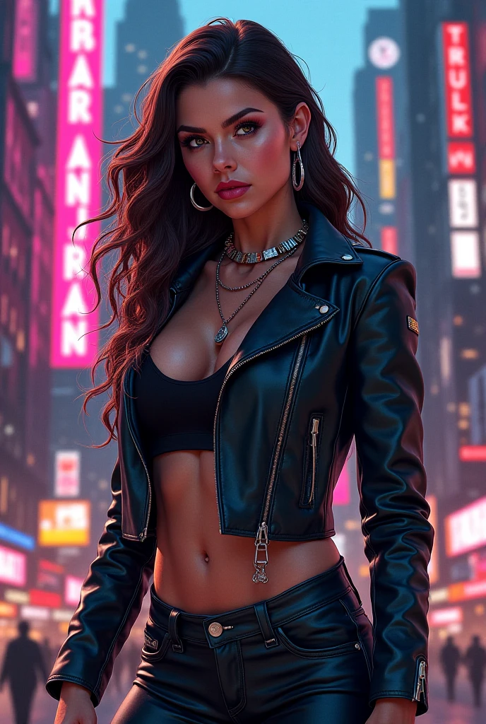Masterpiece, Best Quality, Super Detailed, High Definition, HDR, Realistic, Depth, Fine Texture, Super Fine, Complete concentration, (fierce and confident woman), (fashionista style), (wearing a sleek black leather jacket), (striking and intense expression), (sharp and defined facial features), (dark, stylish makeup with bold eyeliner), (hourglass body, slim and athletic build), (standing in a powerful pose), (tousled shoulder-length hair, messy waves), (black leather pants, high-heeled boots), (accessories like silver chains, rings, and earrings), (modern urban background, neon lights), (moody and dramatic lighting), (high contrast with sharp shadows), (cool and edgy atmosphere), (windswept hair effect), (vibrant colors with a focus on black, silver, and red), (intricate details on the leather jacket, zippers, and textures), (piercing and captivating eyes), (full-body shot, fierce stance), (city at night background with bright lights), (dynamic and intense mood), (powerful and commanding presence), (bold and unapologetic style).