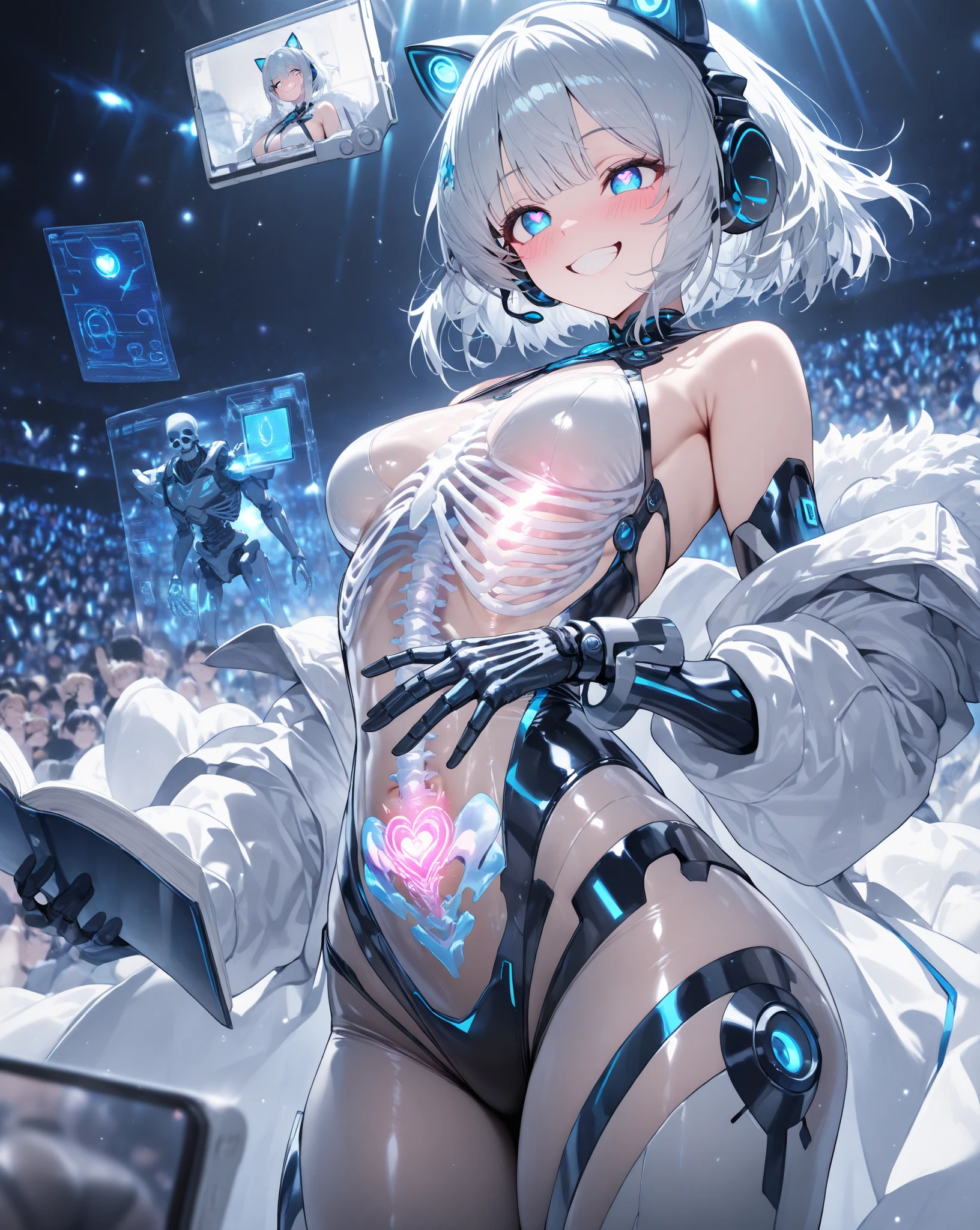 (nsfw:1.5), (quality)), ((masterpiece)), Recommended results、1 girl, solo, big breast, Puffy nipples、(see through:1.5)、straighten your back、abdominal muscles、huge bust、angle to floor:1.2、low camera angle、Hair loss on crotch,Hatsune Miku,super detailed)), (Very detailed的CG插画), ((extremely delicate and beautiful)),(1 white transparent mechanical girl)),alone,whole body,(Machine made joints:1.2),((mechanical limbs)),(Flashing blood vessel points connected to tubes),(Mechanical vertebrae attached to the back,with flowing glitter.),((Flowing rainbow fixed around neck)),perfect round face,(wires and cables attaching to neck:1.2),(Rainbow wires and cables on the head:1.2)(Character focus),,Very detailed,colorful,most detailed,white ceramic skin,blue short hair