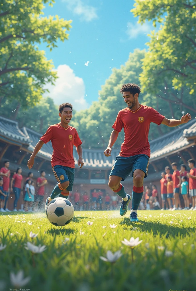 Several Asian boys play soccer in farmland in rural China,wearing dirty travelling clothes,The skin is tanned, Everyone is happy, In the distance, adults moved to plant rice in their fields,Epic composition, Realistic lighting, HD details, Masterpiece, Best quality, , 8k high quality detail art, bohoai (Happy children), Play, (Masterpiece),(Best quality),(hyper-detailing),(full bodyesbian:1.2),4 boys,Troublemakers, Play together, ((Running、Kick and play)),Zhong Fenghua,(Photorealistic:1.4),offcial art,8k wallpaper, Ultra detailed, (dynamic angle:1.4),Realistic expressions,Emoji in the highest detail,skin pore