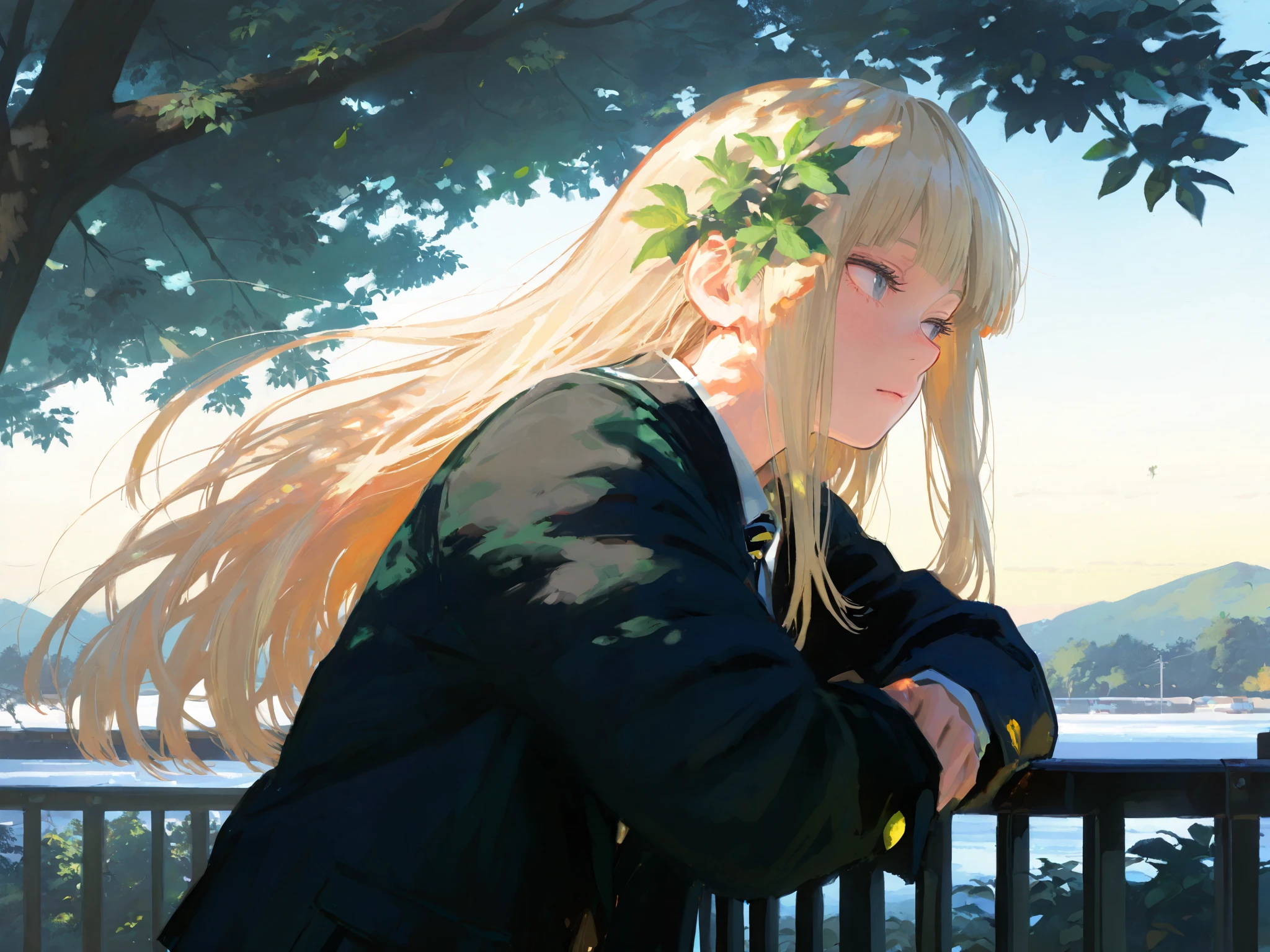 HDR, 8K, high contrast, masterpiece, best quality, amazing quality, very aesthetic, painting artstyle, realistic, newest, hyperdetailed painting, brushstrokes, digital painting, by kohei horikoshi, my hero academia art style
BREAK
bounce light, hyperdetailed, detailed hair strands, detailed fibers, aesthetic, 8k wallpaper, detailed, masterpiece, best quality, amazing quality, very aesthetic, absurdres, 8K,masterpiece, great colors, color theory, great lighting, great composition, flawless. 1girl, Hime cut, gradient black-blonde hair, grey eyes, school outfit, looking to side, leaves in the wind, sharp sunlight, windy, tree shade, railing, Japanese road background. dappled lighting. leaning against railing, hair drooping, amazing, breathtaking art